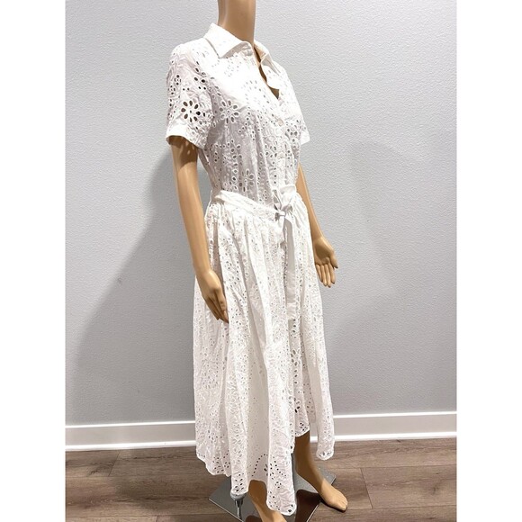 ZARA White Embroidered Eyelet Midi Shirt Dress Pockets Overlay Skirt Sz Medium - Picture 8 of 15